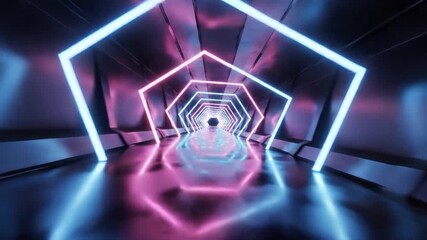 Futuristic neon tunnel perspective abstract geometric glowing hexagon corridor movement digital - Powered by Adobe