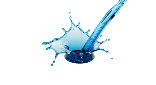 A vivid, translucent electric blue liquid, frozen mid-splatter into an intricate abstract sculptural form with distinct droplets on a pristine transparent studio surface, concept of scientific