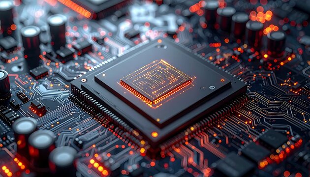 Close-up of a central processing unit glowing with an orange hue