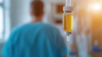 Medical professional in scrubs standing behind an intravenous drip with yellow liquid in a hospital setting, illustrating patient care, health, and treatment