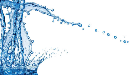 Sharp, luminous blue water droplets and splashes suspended against a transparent studio background with copy space, frozen dynamic motion conveying clarity and innovation