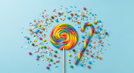 Whimsical rainbow lollipop and candy cane surrounded by vibrant sprinkles on a cheerful blue background, perfect for festive celebrations and sweet moments.