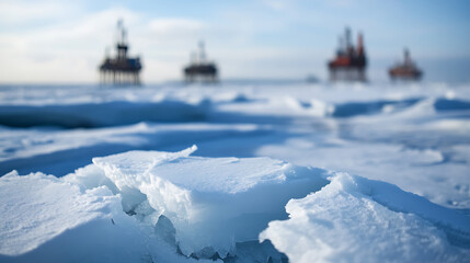 Icy Arctic landscape showcasing rugged platforms amidst a frozen expanse under a bright sky, creating a sense of remote industrial presence. The untouched serene blue.