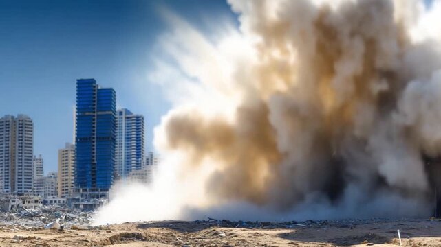 Explosive Demolition of Urban Buildings: Witness the dramatic implosion of modern structures against a backdrop of the clear blue sky, illustrating controlled destruction, urban renewal.