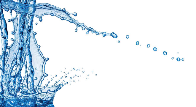 Sharp, luminous blue water droplets and splashes suspended against a transparent studio background with copy space, frozen dynamic motion conveying clarity and innovation