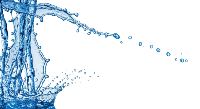 Sharp, luminous blue water droplets and splashes suspended against a transparent studio background with copy space, frozen dynamic motion conveying clarity and innovation