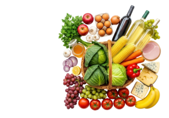 Rustic wicker basket overflowing with vibrant fresh produce, gourmet items, wine on a transparent background with copy space, concept of healthy eating and culinary variety