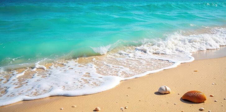 Sun-drenched beach scene, vibrant blue ocean waves crashing on golden sand, seashells scattered along the shore, a perfect summer day  Pure relaxation ,  sky,  water