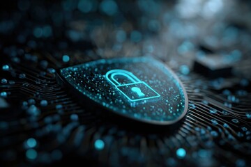 Digital shield with padlock symbol represents cybersecurity measures protecting data from threats in the modern technological landscape