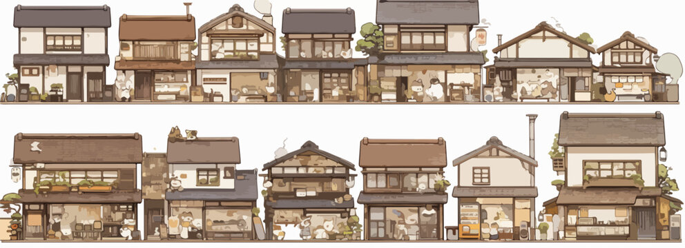 Ilustraci&oacute;n vectorial de una calle tradicional japonesa con fachadas de casas antiguas y tiendas de estilo machiya.