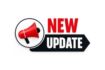 Red megaphone announcing a new update with bold red and black text on a white background