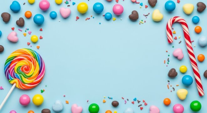 Vibrant candy assortment, including a rainbow swirl lollipop, candy cane, and heart shapes, scattered on a pastel blue background, perfect for festive celebrations and sweet treats.