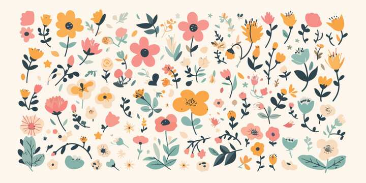 Colecci&oacute;n de ilustraciones vectoriales de flores silvestres y bot&aacute;nicas en tonos pastel suaves y alegres.