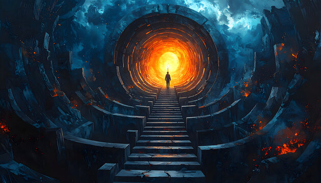 Silhouette of Person in Fiery Tunnel