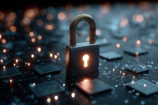 Concept of data protection and internet security with a glowing padlock on a digital circuit board in a modern technology environment - Powered by Adobe