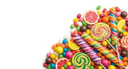 Vibrant explosion of colorful candies, lollipops, and citrus slices creating a joyful and tempting sweet treat assortment