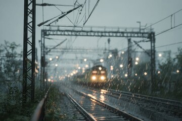 Fototapeta premium Relentless rain on electric train tracks as the evening approaches and the lights of the train illuminate the darkening sky