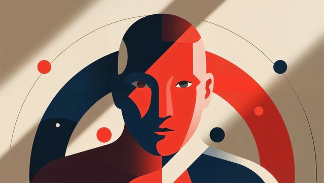 Abstract portrait of a human face with geometric shapes and bold color contrast in red, black, and white