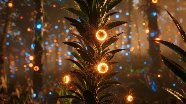 Glowing orbs illuminate a mystical forest scene with bioluminescent plants and vibrant bokeh lights.
