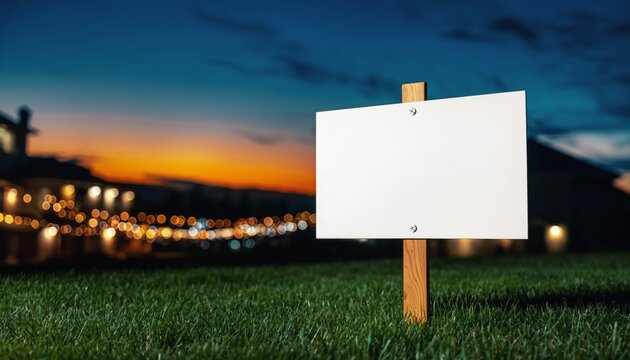 Blank white coroplast yard sign mockup in a lush green lawn at twilight with romantic bokeh fairy lights.