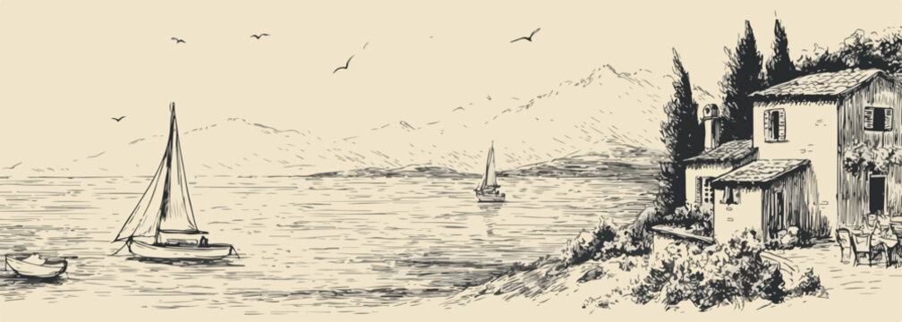 Paisaje costero con veleros y una casa en la colina, dibujo a mano alzada con estilo vintage.