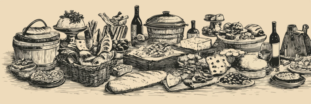 Ilustraci&oacute;n vectorial de una mesa festiva repleta de deliciosos alimentos y bebidas.