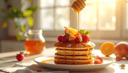 Golden Hour Pancakes Stack With Fresh Berries And Honey Drizzle Near Window With Sunlight Outdoor Plants And Fruit