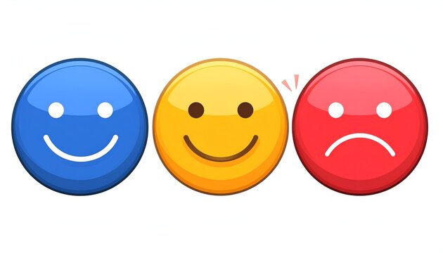 Three glossy spheres show emoji faces happy, neutral, and sad