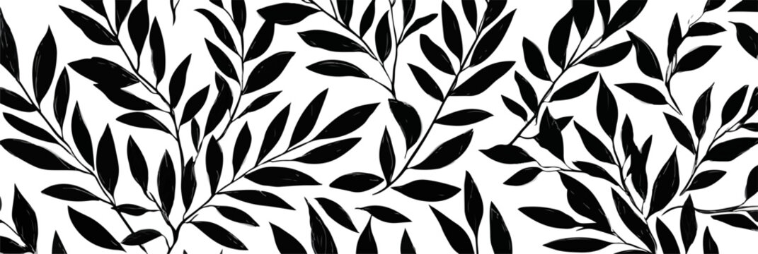 Patrón floral vectorizado con hojas negras sobre fondo blanco, ideal para diseño textil.