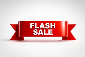 Bright red shiny ribbon banner with the words flash sale in white text on a white background