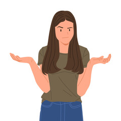 young woman showing different hand gestures and facial expressions, various emotions and signs, flat vector illustration on white background.Good for education,sticker,poster,template and more