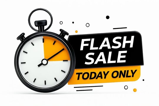 Stopwatch indicating limited time for a flash sale event with the words flash sale today only on a banner