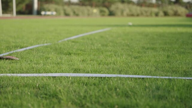 A throwing disc falling on the lawn of a sports field, filmed in slow motion