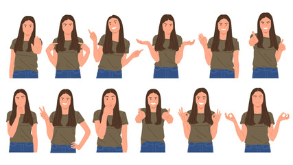 Set of young woman showing different hand gestures and facial expressions, various emotions and signs, flat vector illustration on white background