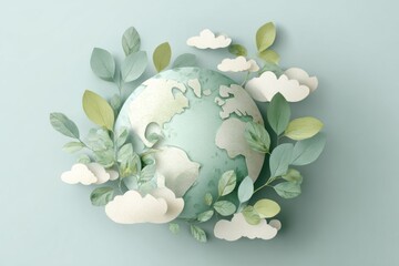 digital painting of earth made of paper layers surrounded by leaves, soft light, minimalist sustainability poster design