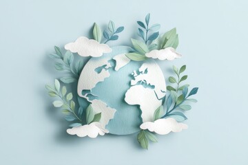 digital painting of earth made of paper layers surrounded by leaves, soft light, minimalist sustainability poster design