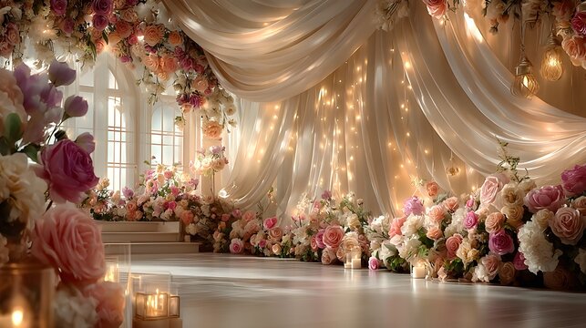 Elegant wedding venue adorned with floral arrangements and soft lighting creates a romantic ambiance for a memorable celebration event space
