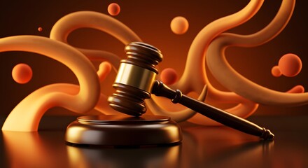 Close-up of gavel on stand in front of stylized abstract shapes and floating spheres