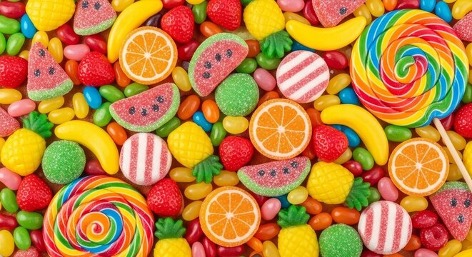 Vibrant explosion of colorful sweet candy treats, gummy fruits, lollipops, and jelly beans creating a joyful and delicious festive celebration.