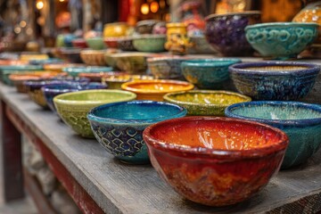 Fototapeta premium Handcrafted pottery and decorative bowls arranged for sale at a local artisan market in the early afternoon light