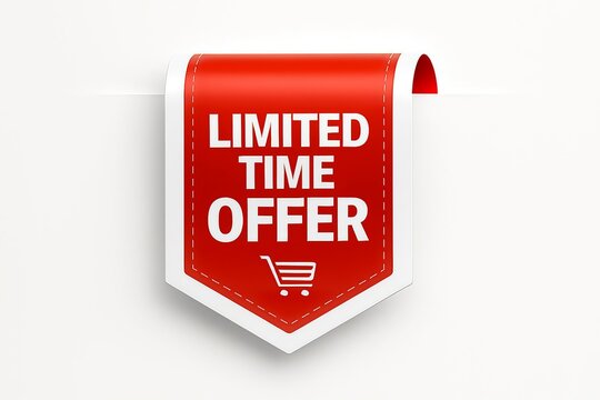 Bright red tag with white text announcing a limited time offer and shopping cart icon