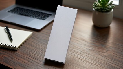 A blank white rectangular product box mockup placed on a wooden desk with a laptop and notebook.