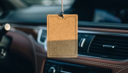 Macro, detailed shot of a blank hanging car tag, focusing on its texture against a blurred luxury car interior.