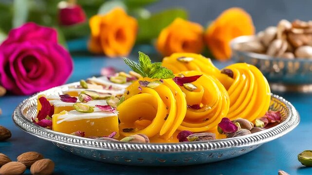 An elegant flat lay of Indian sweets (mithai) like 'Jalebi' and 'Barfi' on a silver platter, surrounded by nuts and rose petals. Food photography, festive. blurred background, with