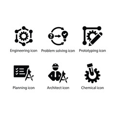 Engineering, Problem solving, Prototyping, Planning, Architect, Chemical, Black Icon Set