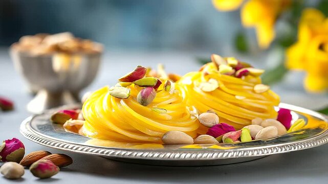 An elegant flat lay of Indian sweets (mithai) like 'Jalebi' and 'Barfi' on a silver platter, surrounded by nuts and rose petals. Food photography, festive. blurred background, with