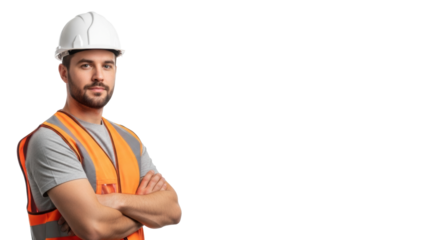 Young caucasian man, mid-20s, short beard, hard hat, safety vest, arms crossed, direct eye contact, isolated on white background with copy space. Trust and operational excellence