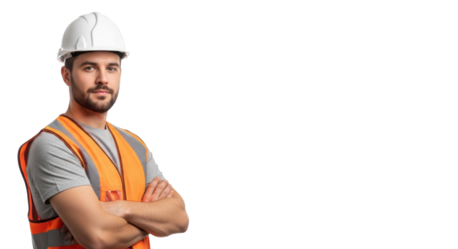 Young caucasian man, mid-20s, short beard, hard hat, safety vest, arms crossed, direct eye contact, isolated on white background with copy space. Trust and operational excellence