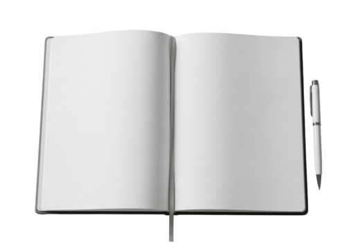 A high-quality unbranded open notebook with blank textured pages and a sleek pen on a minimalist desk, illuminated by soft natural light, clean corporate neutrals. Concept of strategic planning and - Powered by Adobe