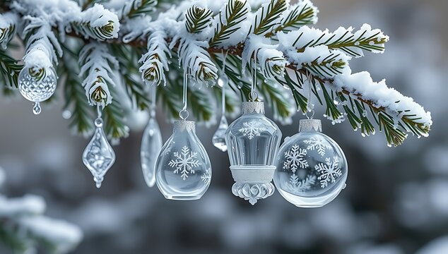 Delicate glass christmas ornaments hang from a snowcovered evergreen branch, creating a festive winter scene chirstmas - Powered by Adobe